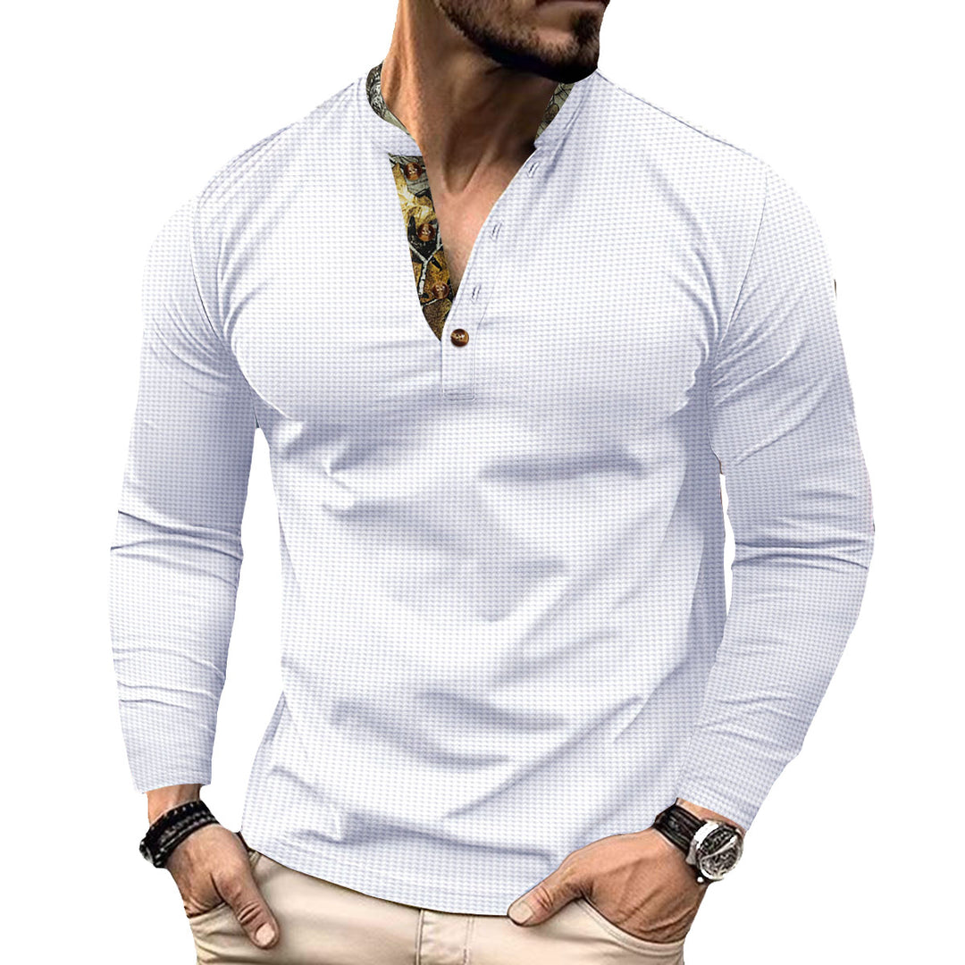 Herren nan langärmeliges Henley-Shirt mit Stehkragen und gemustertem Knopfleistenbesatz EB