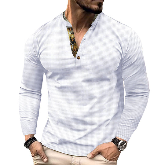 Herren nan langärmeliges Henley-Shirt mit Stehkragen und gemustertem Knopfleistenbesatz EB