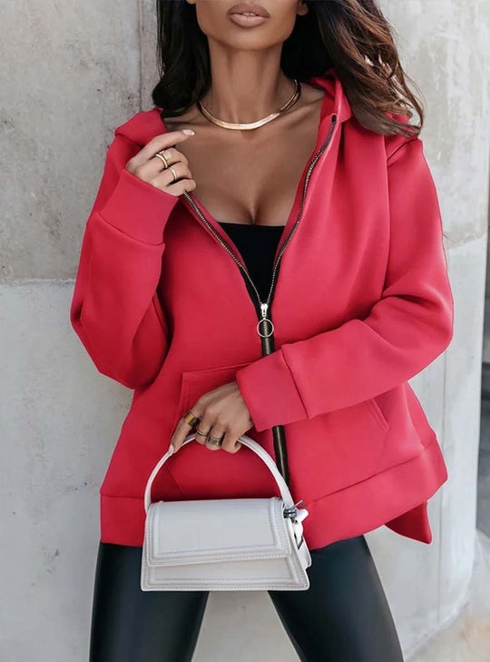 Damen sportlicher, oversized Kapuzenpullover mit Reißverschluss und praktischen Taschen EB