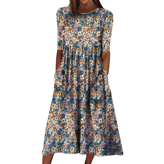 Damen Midi-Kleid mit floralem Design und praktischen Taschen EB