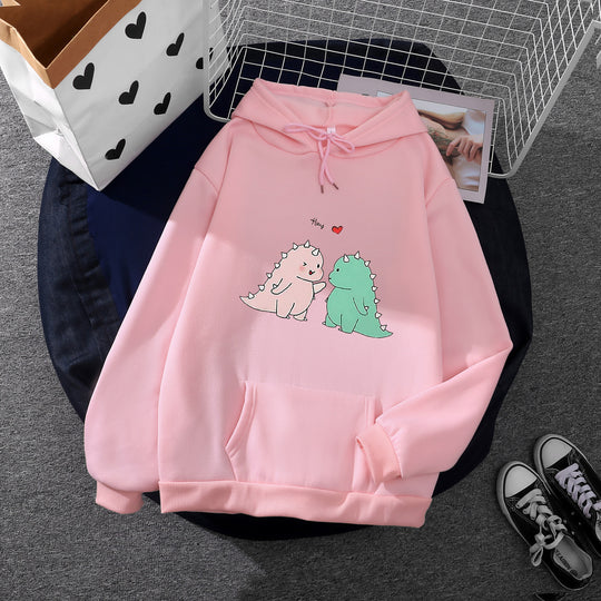Damen nan Kapuzenpullover mit niedlicher Dinosaurierpärchen‑Illustration, Oversize‑Schnitt und Kängurutasche EB
