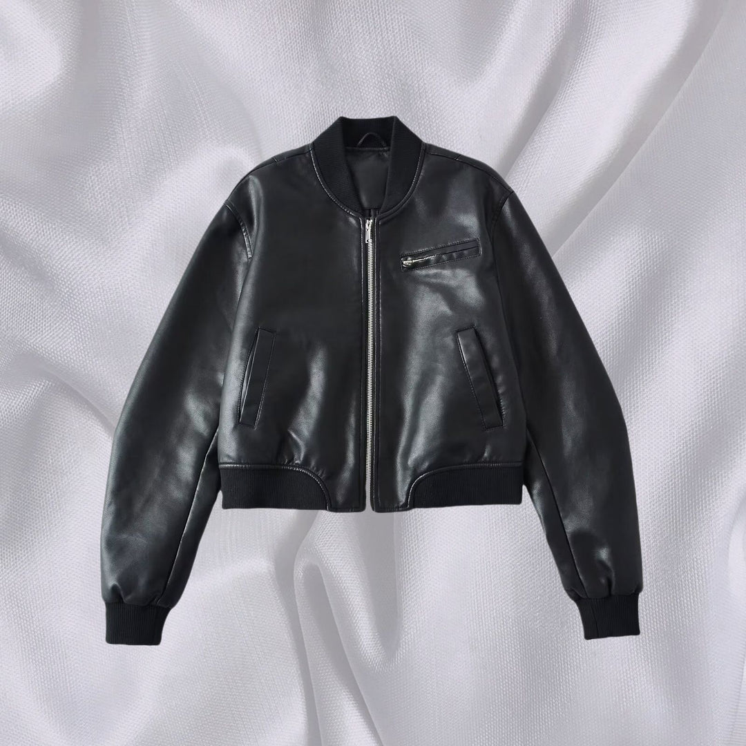 Damen Kunstleder Bomberjacke mit elastischem Abschluss und praktischen Taschen EB