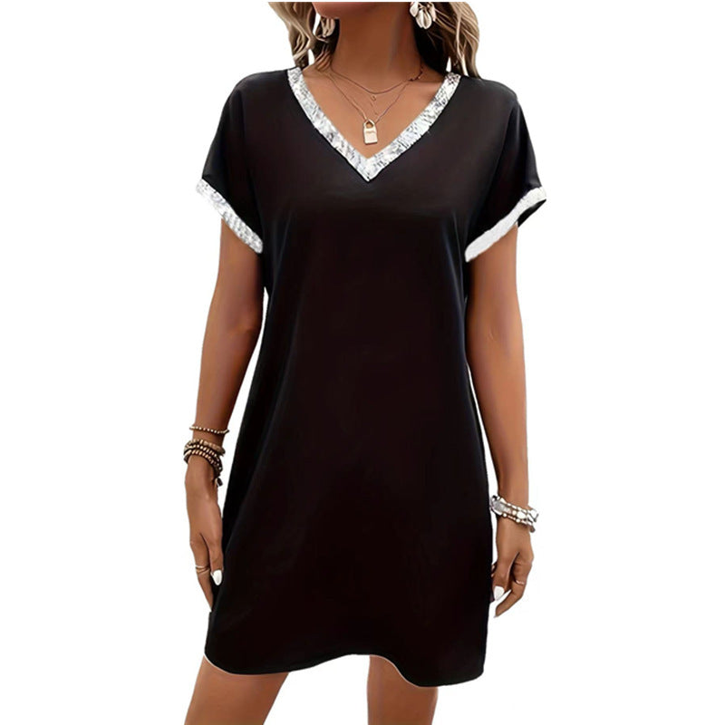 Damen lässiges V-Ausschnitt Kleid mit dekorativem Saum EB