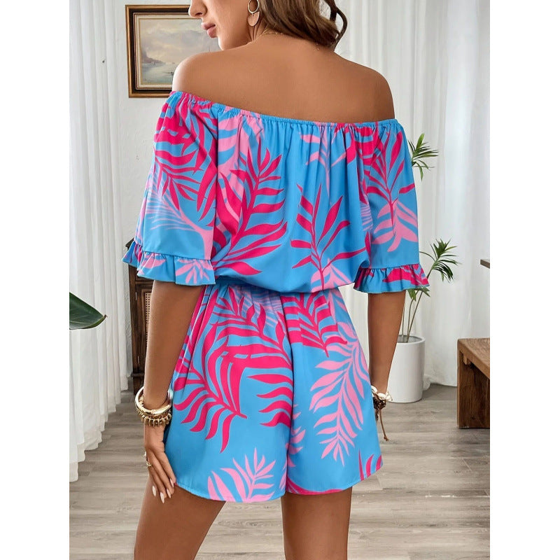 Damen Off-Shoulder Jumpsuit mit floralem Design und elastischem Bund EB