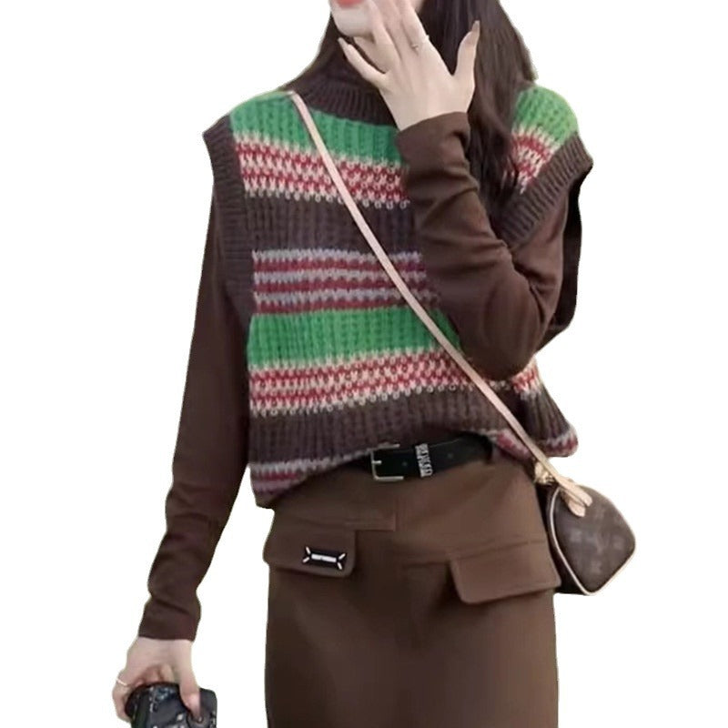 Damen lässiger Strickoversize-Pullover mit buntem Streifenmuster und ärmellosem Design EB