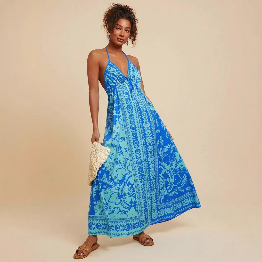 Damen Maxikleid mit tiefem V-Ausschnitt und floralen Musterdetails EB