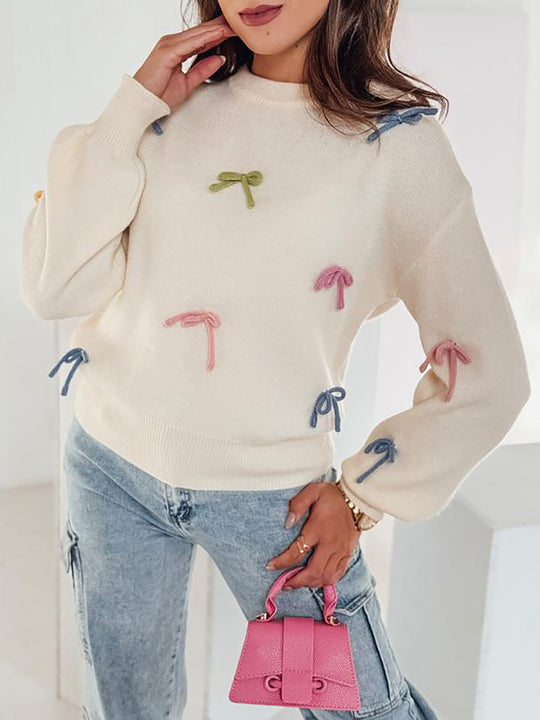 Damen Strickpullover mit verspielten Schleifenapplikationen und lässigem Schnitt EB