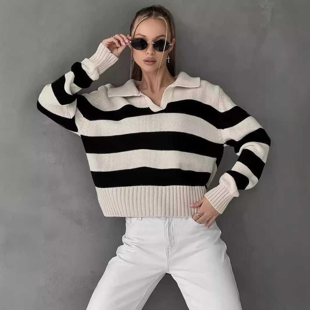 Damen Grob gestrickter Pullover mit breitem Kragen und Blockstreifendesign EB
