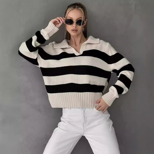 Damen Grob gestrickter Pullover mit breitem Kragen und Blockstreifendesign EB