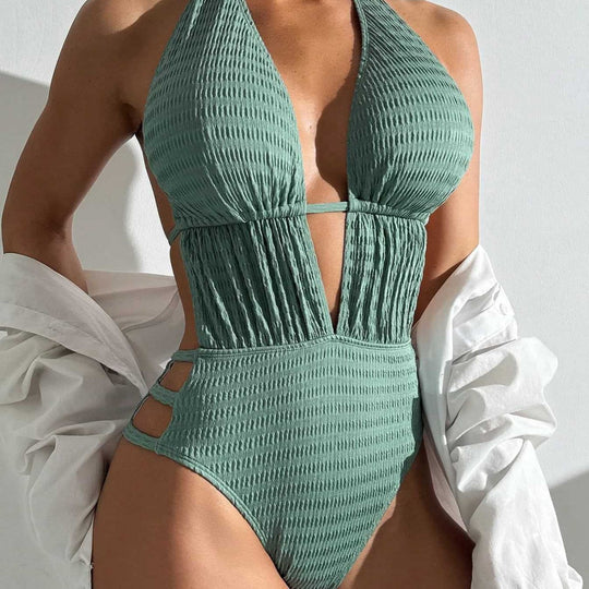 Damen Badeanzug mit tiefem V-Ausschnitt und Raffungen EB