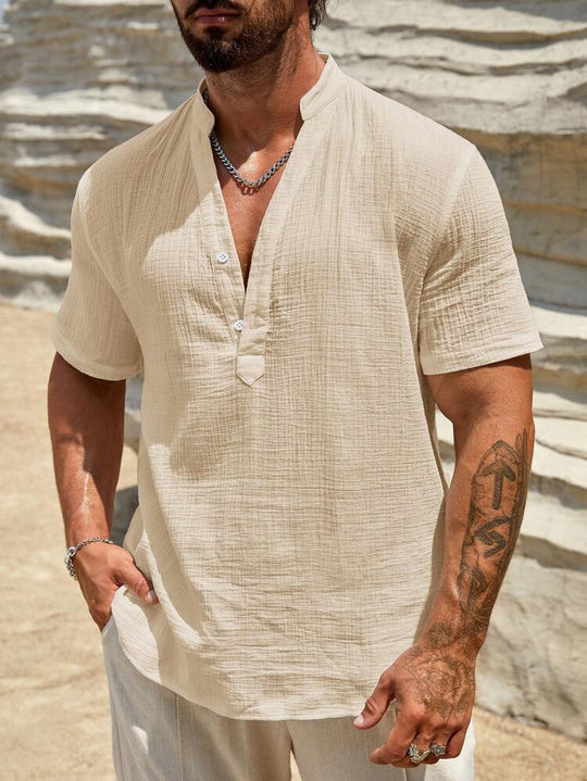 Herren Kurzarm Henley Hemd mit modernem Stehkragen aus leichtem Baumwollmaterial EB