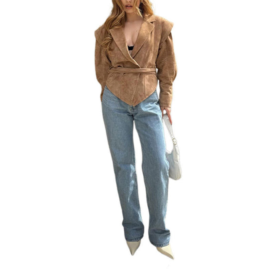 Damen Blazerjacke mit verbindbarem Gürtel und modernem Schulterdesign EB
