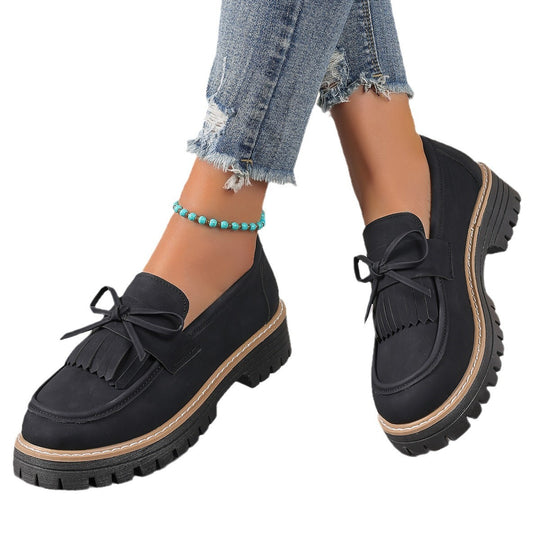 Damen modische Fransen-Loafer mit dekorativer Schleife und grober Profilsohle EB