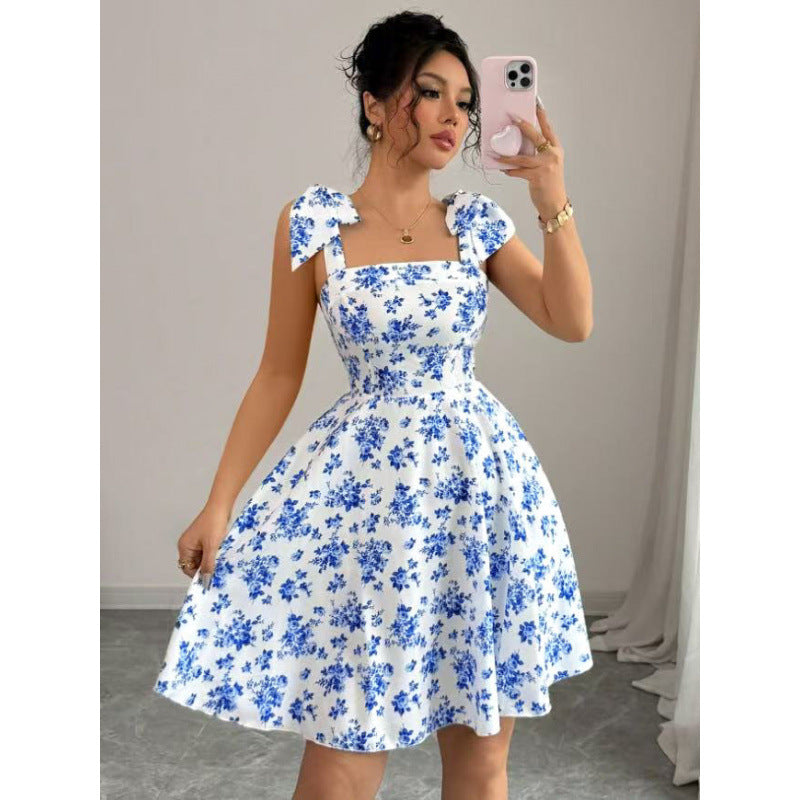 Damen Sommerliches A-Linien Kleid mit floralem Print und Schleifen-Trägern EB