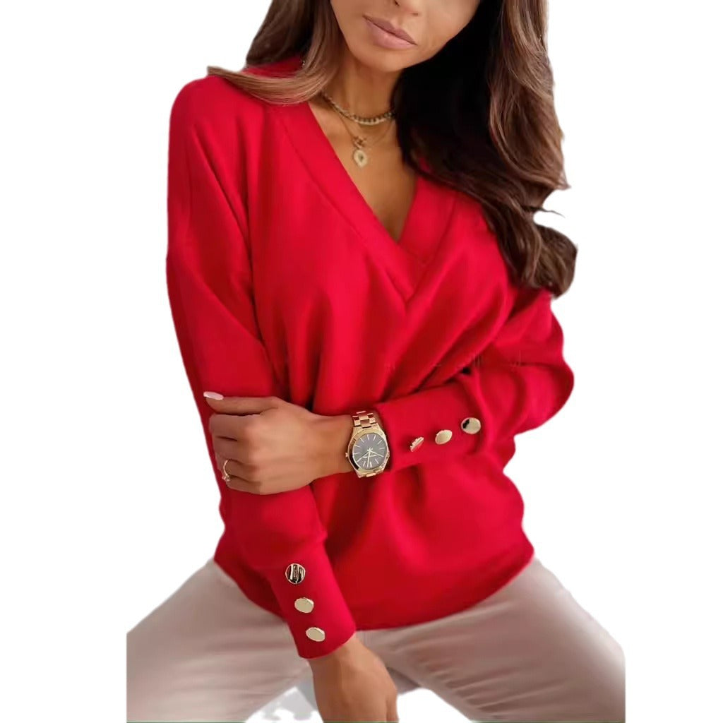 Damen eleganter V-Ausschnitt Pullover mit stilvollen Knopfdetails EB