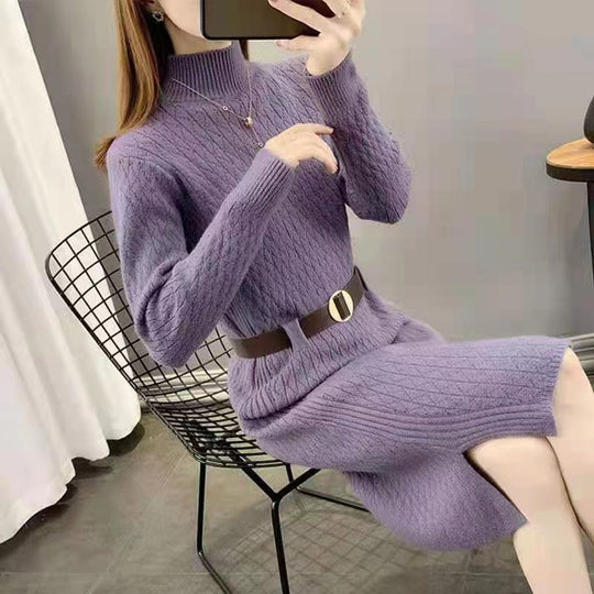 Damen Strickkleid mit hohen Kragen und Taillengürtel EB