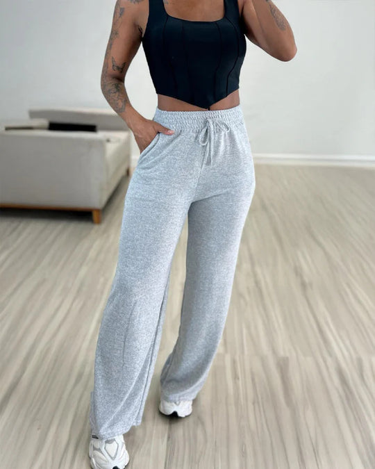Damen bequeme und lässige Freizeithose mit elastischem Bund und seitlichen Taschen EB