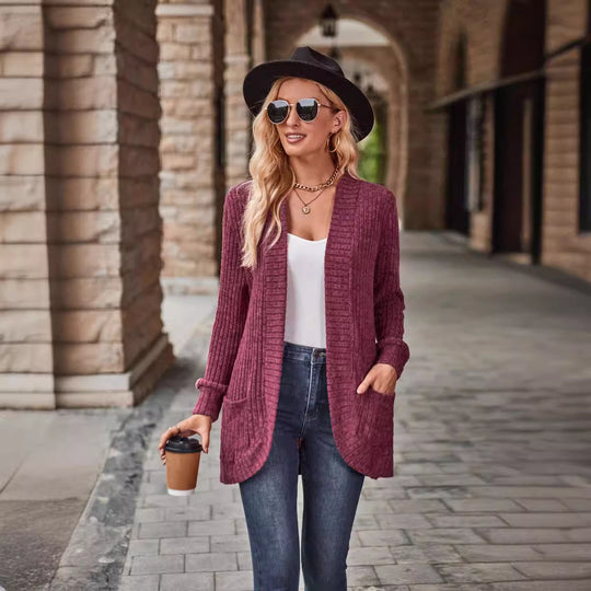Damen nan langer gerippter Cardigan mit aufgesetzten Taschen und offener Front EB