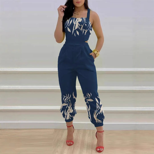 Damen modisches Jumpsuit mit floralem Design und tiefem Rückenausschnitt EB