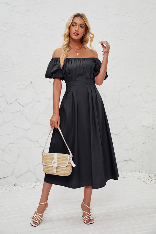 Damen Off-Shoulder Maxikleid mit voluminösen Puffärmeln und seitlichen Taschen EB