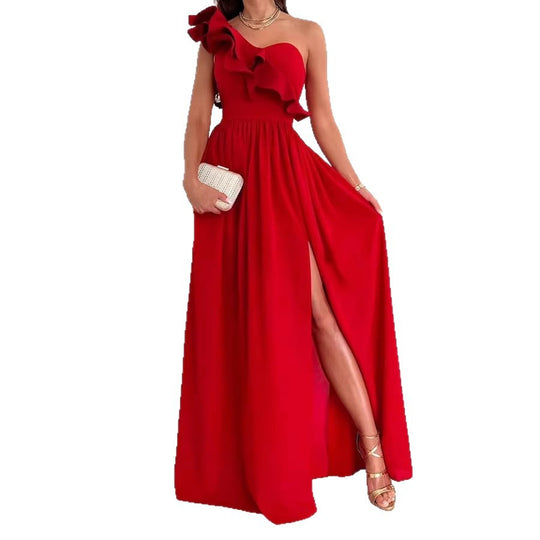 Damen Maxikleid mit asymmetrischem Schnitt und voluminösem Rüschendetail EB
