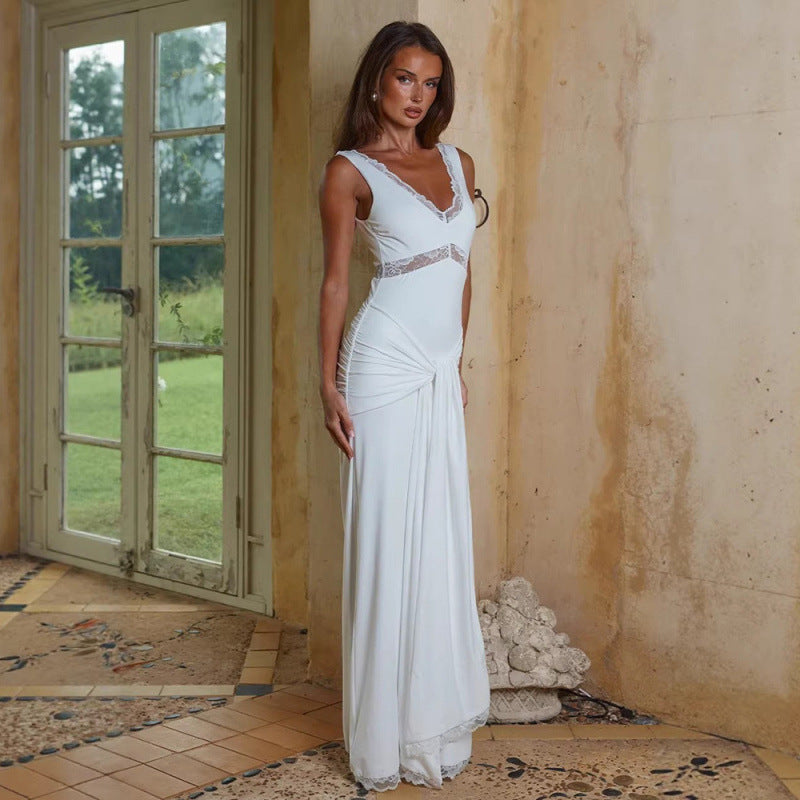 Damen Elegantes Langes Kleid mit Spitzendetails und Wickeleffekt EB