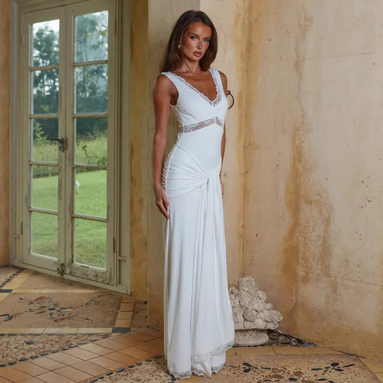 Damen Elegantes Langes Kleid mit Spitzendetails und Wickeleffekt EB