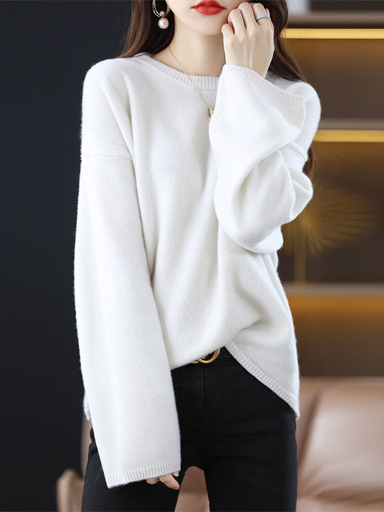 Damen weicher Strickpullover mit weitem Schnitt und legerem V-Ausschnitt EB