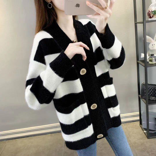 Damen Grobstrick-Cardigan mit Breton-Streifen und praktischen Taschen EB