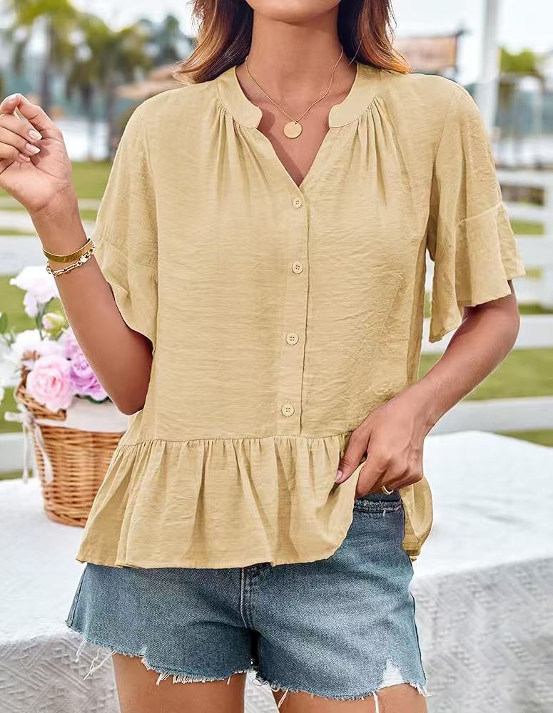 Damen Bluse mit Rüschenschößchen und halblangen Ärmeln EB