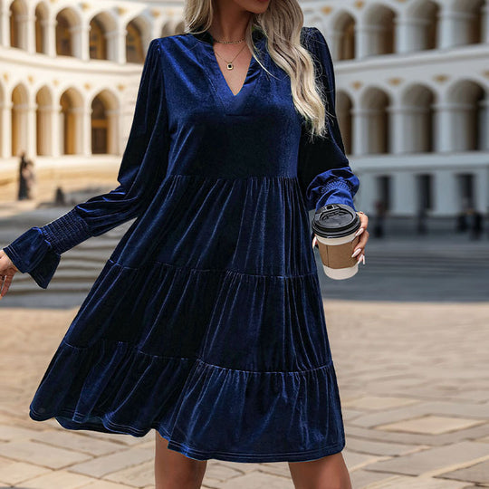 Damen V-Ausschnitt Mini-Kleid mit voluminösen Ärmeln und Rüschendesign EB