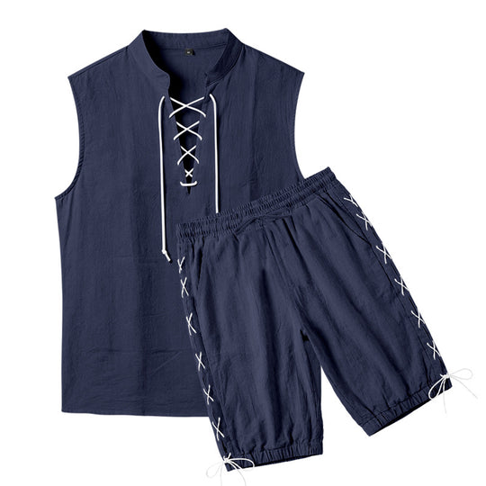 Herren nan ärmelloses Freizeit-Set mit Schnürkragen und Kordelzug-Bermuda EB