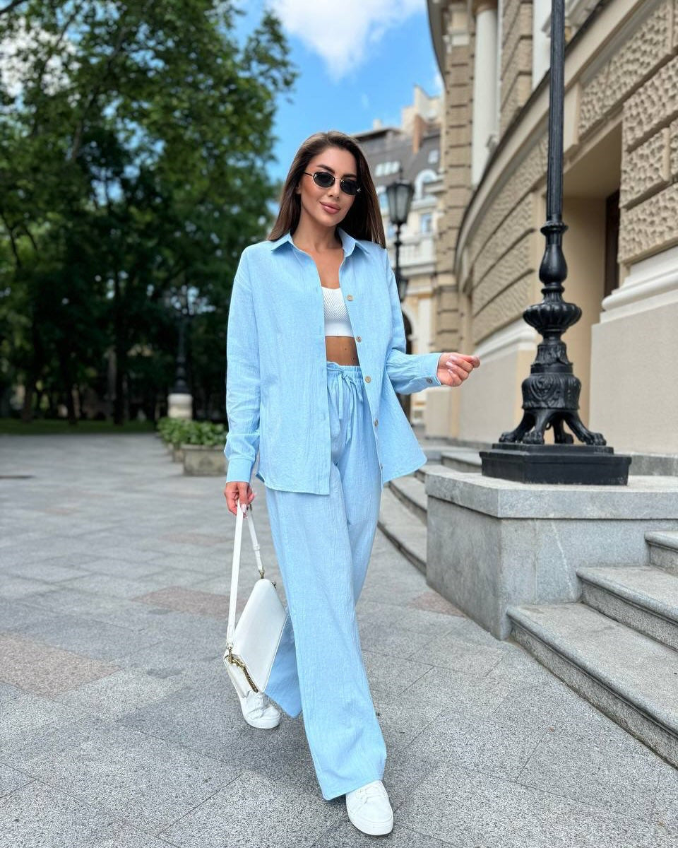 Damen Leichter Leinen-Zweiteiler mit oversized Hemd und High‑Waist Palazzohose EB