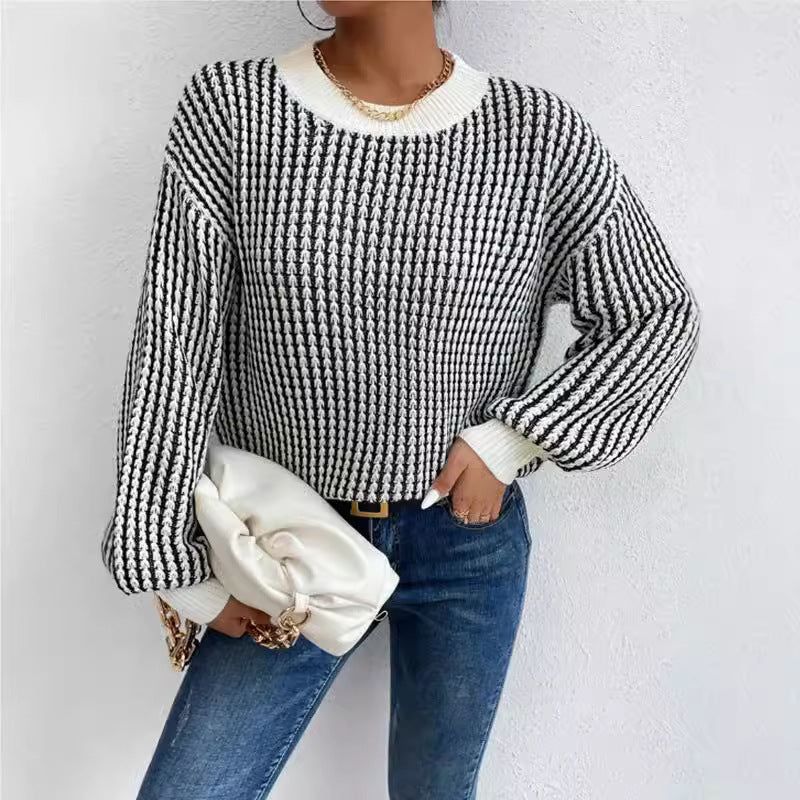 Damen lässiger Strickpullover mit voluminösen Ärmeln und strukturiertem Muster EB