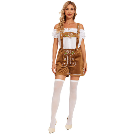 Damen nan Trachten-Latzhose Shorts mit filigraner Stickerei und verstellbaren Trägern EB