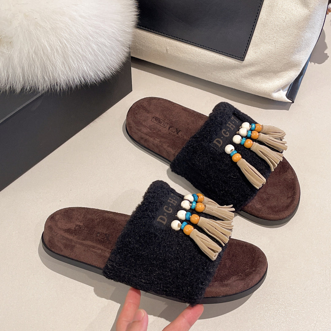 Damen Flauschige Pantoletten mit Boho-Design und Fransen EB