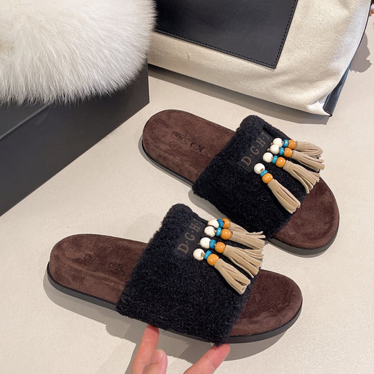 Damen Flauschige Pantoletten mit Boho-Design und Fransen EB