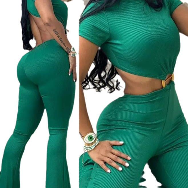Damen cropped Oberteil mit hochtaillierter Hose im Ripp-Design EB
