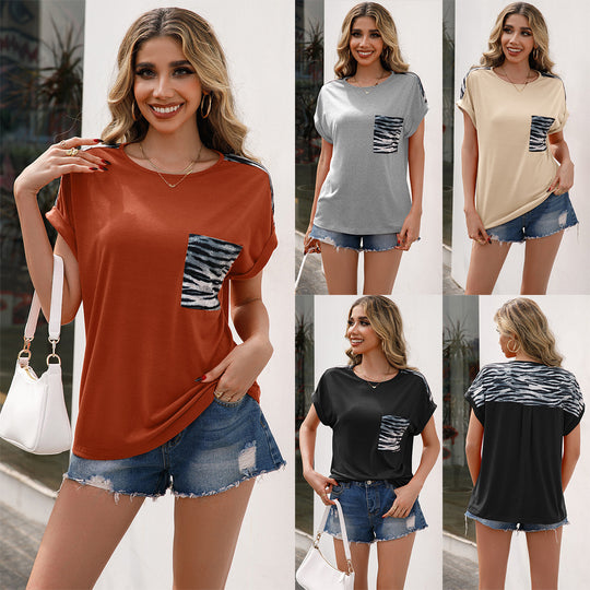 Damen lässiges T-Shirt mit einzigartiger Tierdrucktasche und oversized Schnitt EB