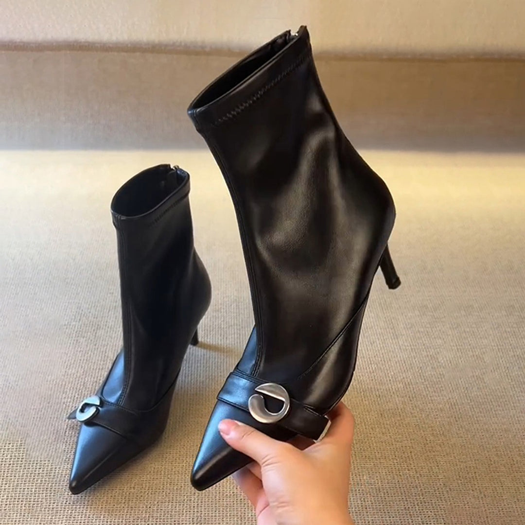 Damen elegante High Heel Stiefeletten mit modischer Schnallenverzierung EB