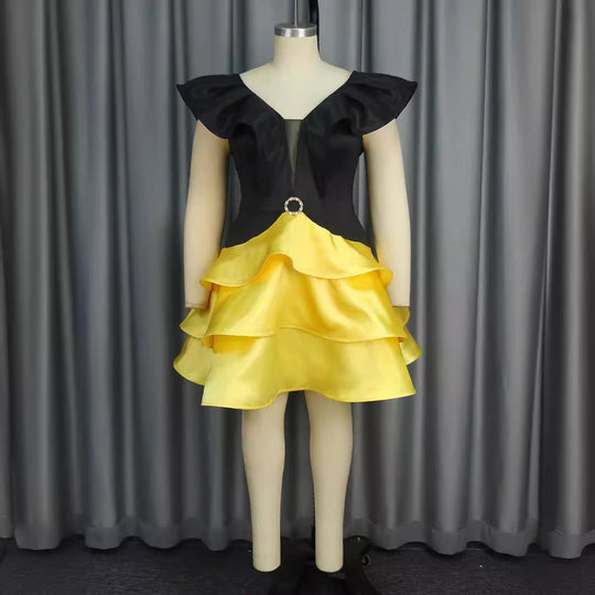 Damen Cocktailkleid mit voluminösem Rüschensaum und elegantem V-Ausschnitt EB