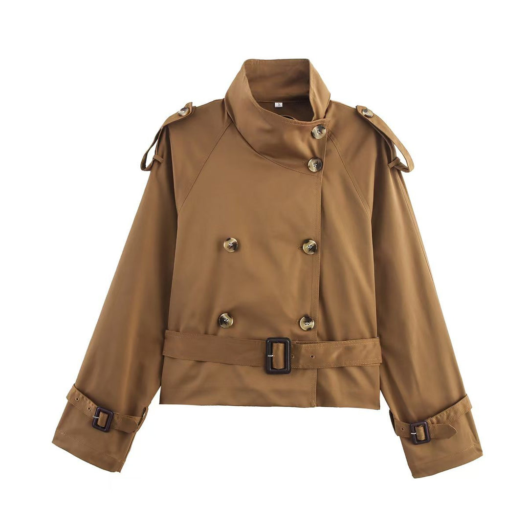Damen modischer Trenchcoat mit hoch geschlossenem Kragen und praktischen Schulterriegeln EB