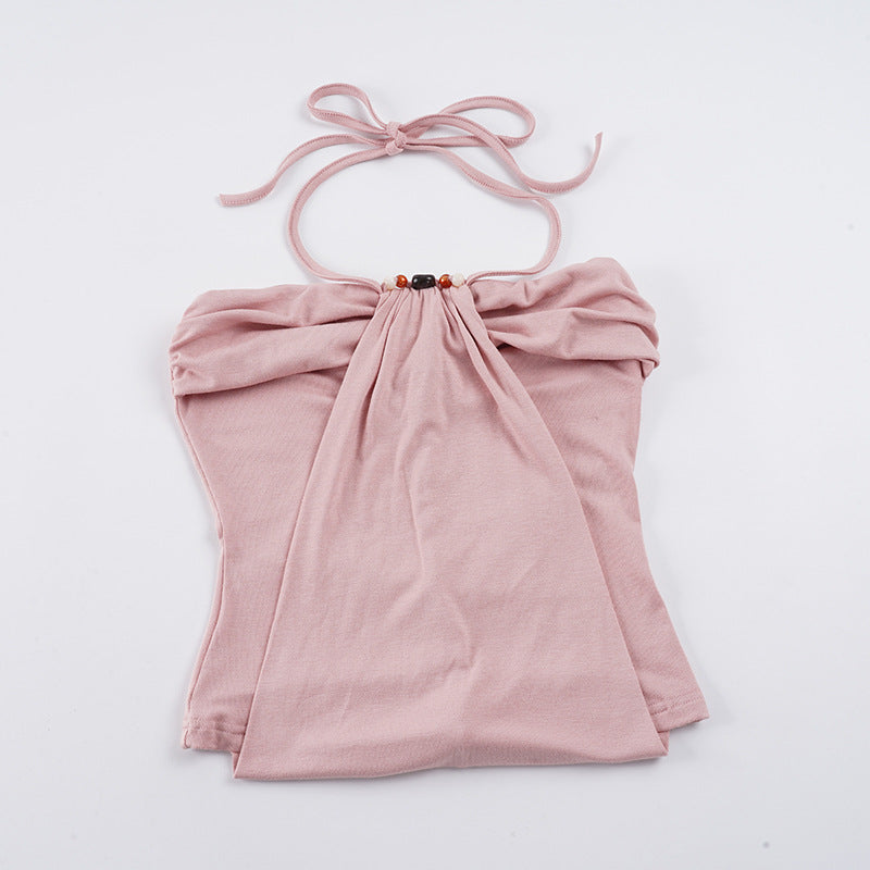 Damen Spaghetti-Trägertop mit eleganter Drapierung und dekorativen Perlen EB