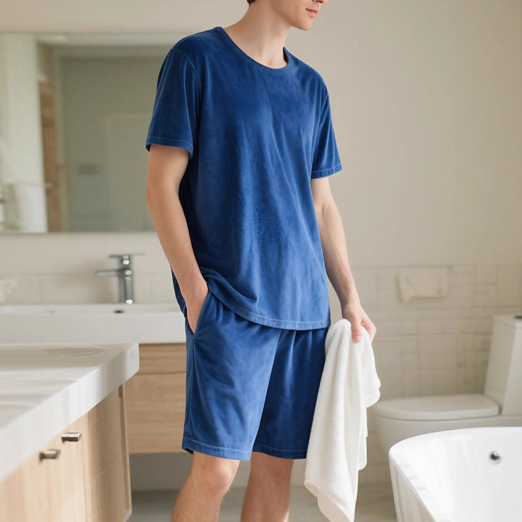 Herren nan Samtvelours Lounge-Set mit Rundhals-Kurzarmshirt und Kordelshorts EB