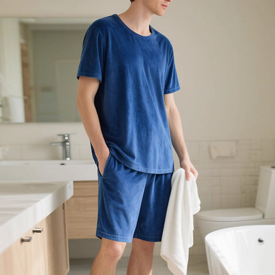 Herren nan Samtvelours Lounge-Set mit Rundhals-Kurzarmshirt und Kordelshorts EB
