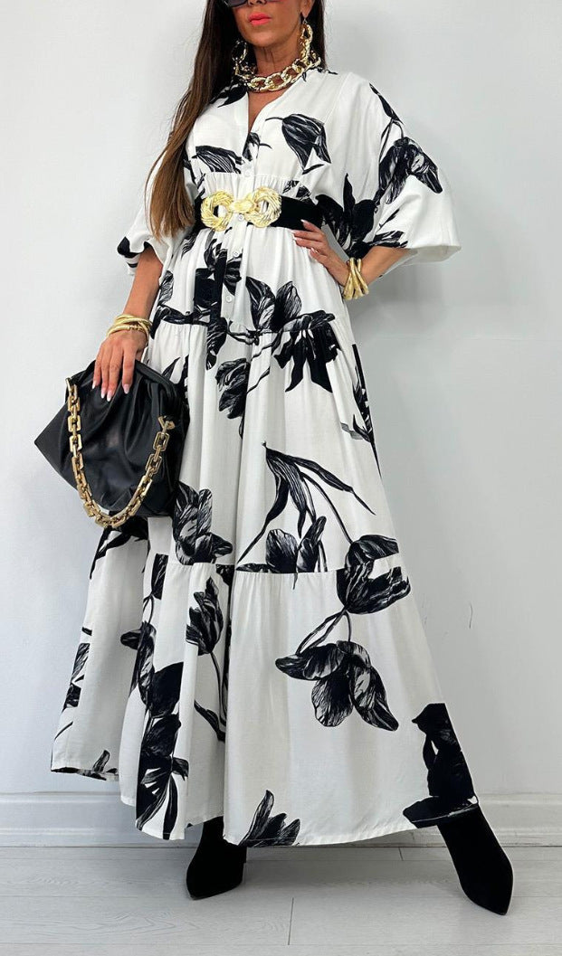Damen Maxikleid mit raffiniertem Knopfdesign und floralem Druck EB