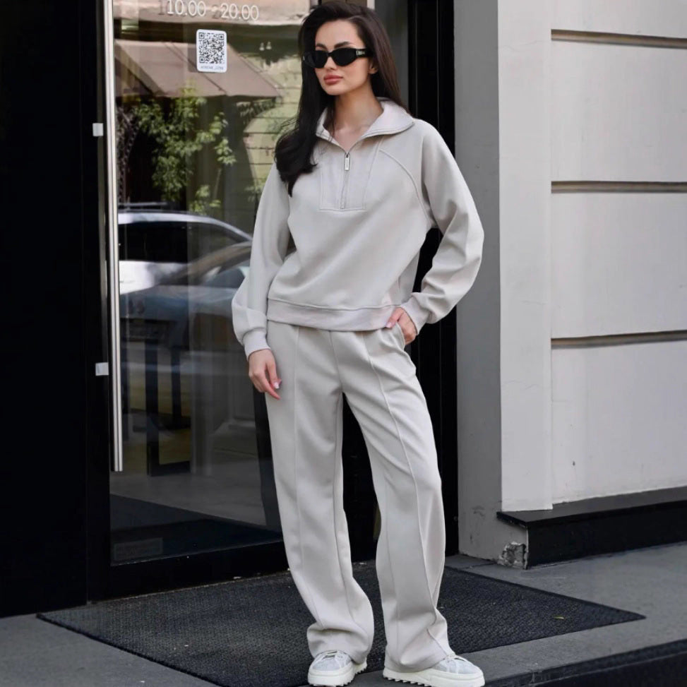 Damen Loungewear-Set mit halbem Reißverschluss und weiter Bügelfalten-Hose EB
