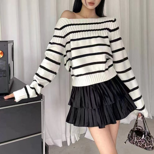 Damen Off-Shoulder Streifenpullover mit Rippstruktur EB