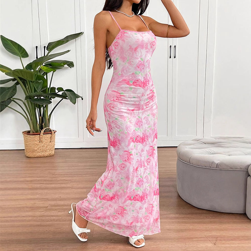 Damen elegantes Blumenmuster Maxikleid EB