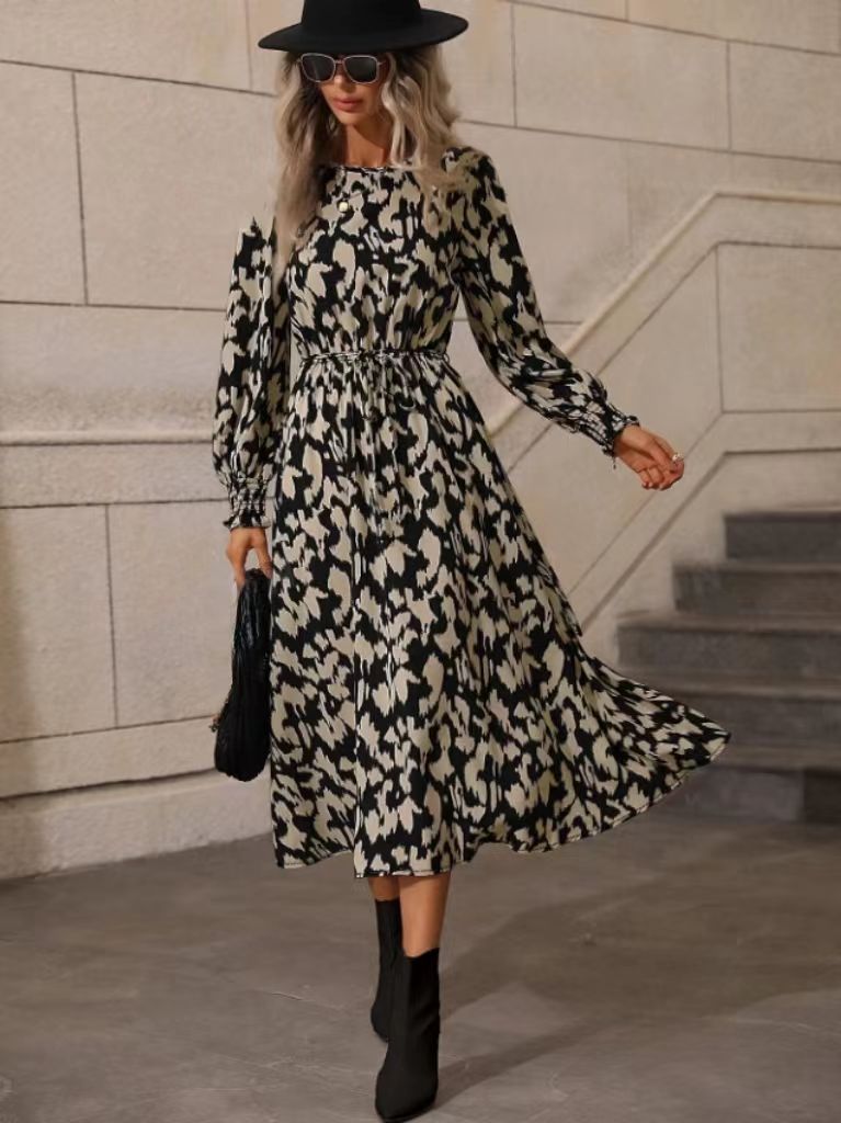 Damen Maxi-Kleid mit elastischem Bund und langen Ärmeln EB